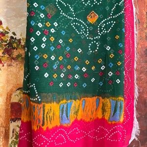Green, red, pink bandhani print Saree